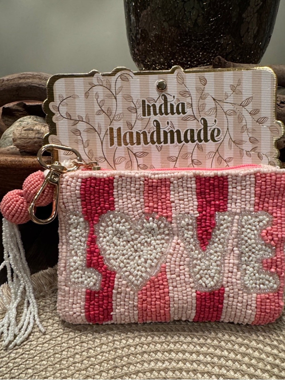 Handmade Pink Beaded LOVE Wristlet Pouch